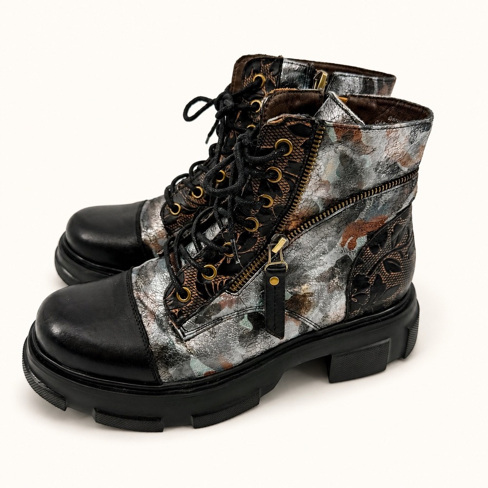 Spring Step L'Artiste Women 8 Carnelian Combat Lug Boots Floral Leather Metallic